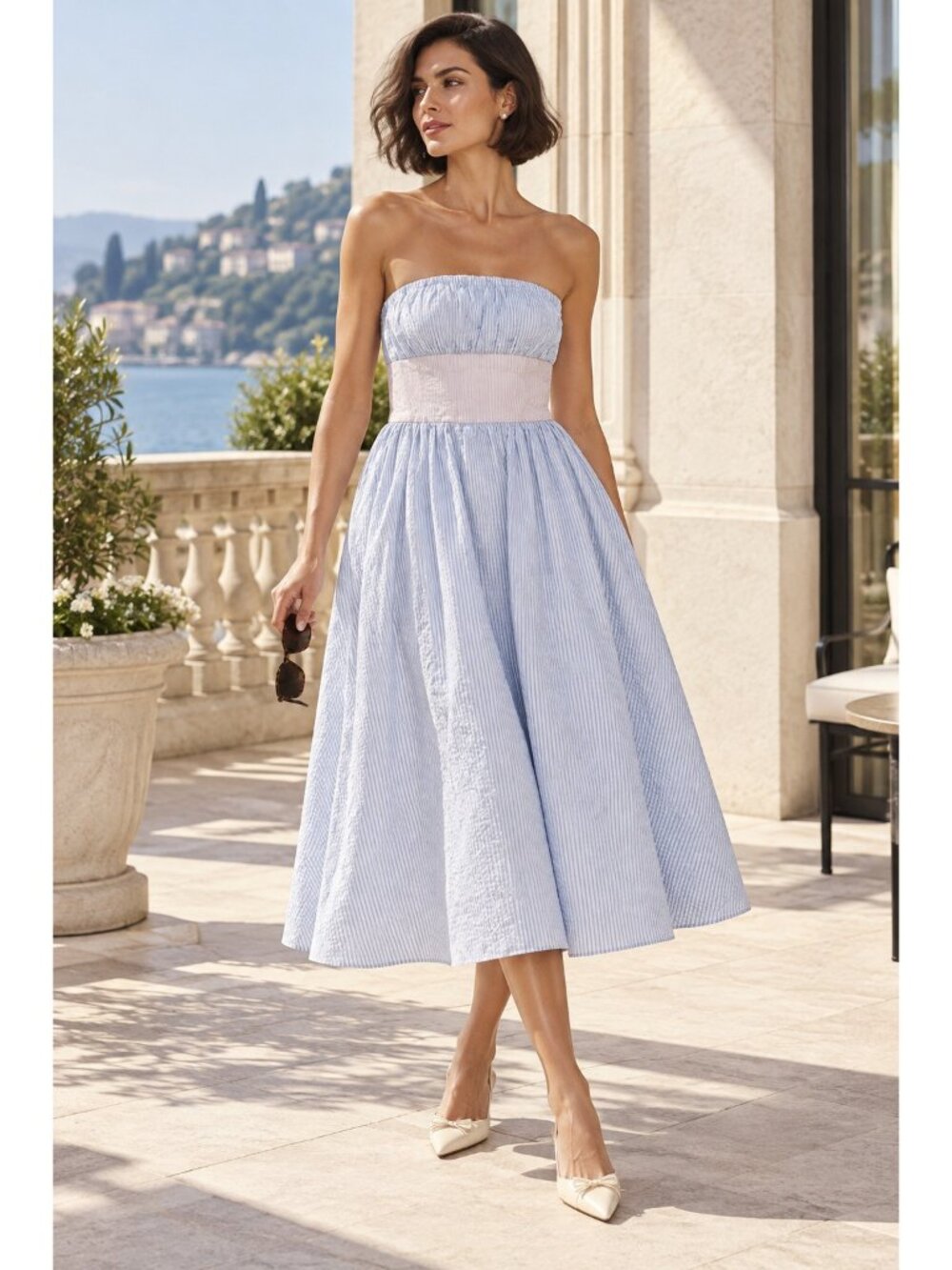Lovers + Friends Revolve Blue Pink Striped Seersucker Fit & Flare Dress S
